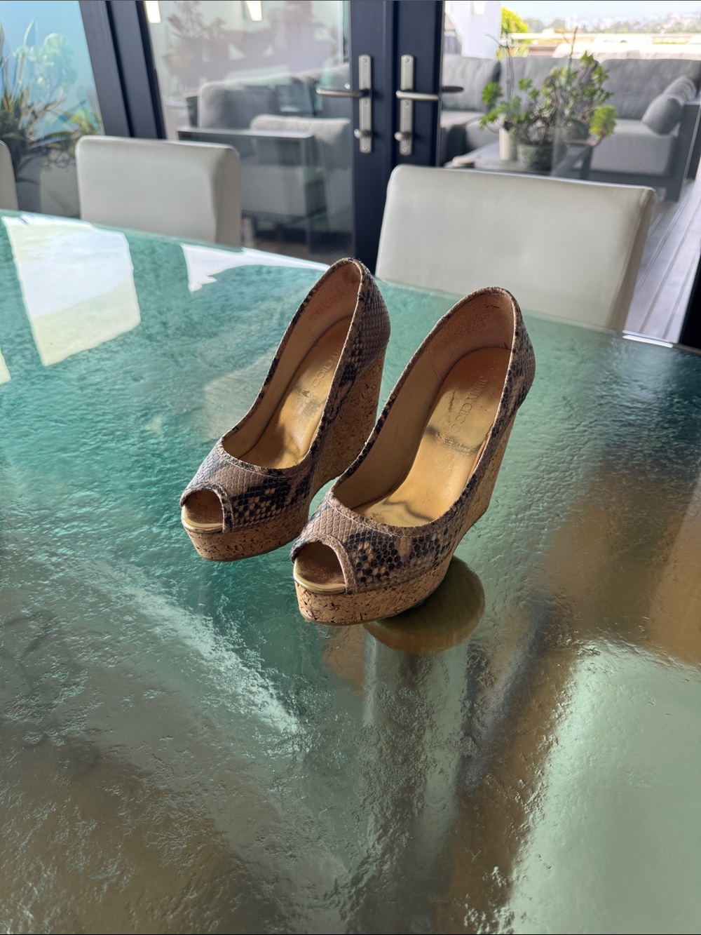 Jimmy Choo Womens Open-Toe Platform Pumps in Brown Snake Print